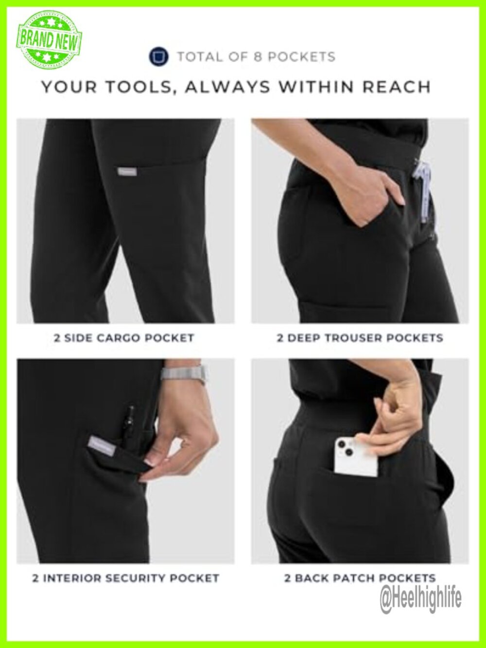 Scrub Pants for Women Slim Fit Four Way Stretch Yoga Waistband Joggers 8 Pockets - Picture 3 of 6